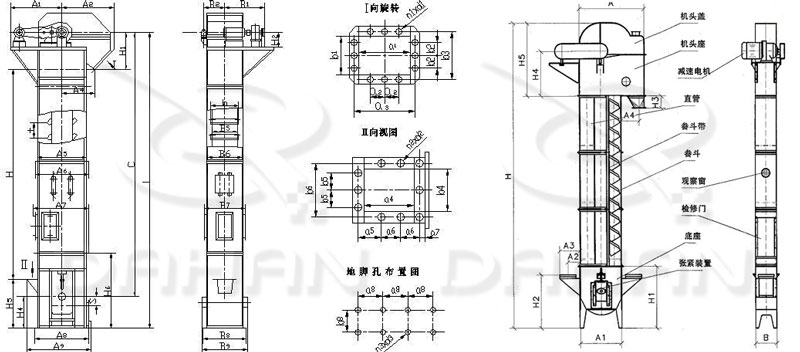 TD/D型斗式提升机基本结构:机头盖，机头座，减速电机，直管，底座，紧张装置等。