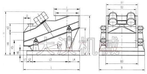 ZSG矿用振动筛外形示意图：B为矿用振动筛宽度，L为矿用振动筛长度。H为矿用振动筛高度等。