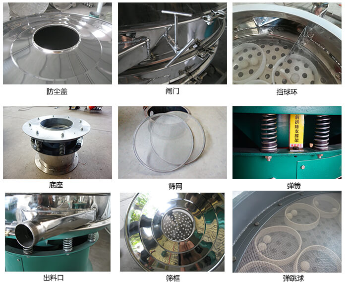 直径600型振动筛细节：网架，料斗，筛框，挡球环，防尘盖，闸门，出料口。