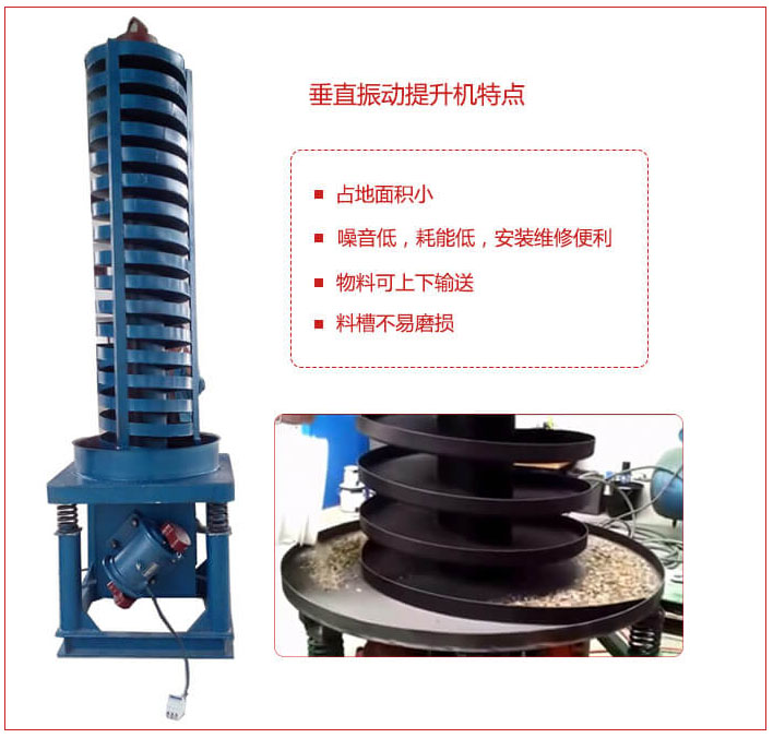 DZC垂直振动提升机主要特点：产品占地面积小，便于工艺布置。物料壳向上输送，亦可向下输送。噪音低，结构简单，安装，维修便利。能耗小，节约电能，料槽磨损小。