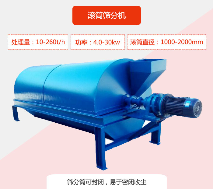 滚筒筛分机：处理能力：10-260t/h  功率：4.0-30kw 滚筒直径：1000-2000mm 筛分筒可封闭，易于密闭收尘