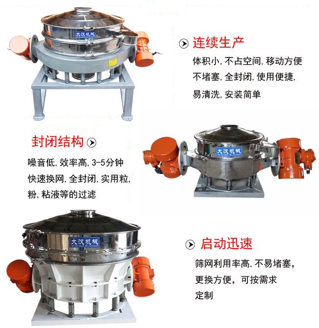 直径1000mm直排筛特点：连续生产：体积小，不占空间，移动方便，不堵塞，全封闭，使用便捷，易清洗，安装简单。封闭结构：噪音低，效率高，3-5分钟，快速换网，全封闭，实用粒，粉粘液等的过滤。启动迅速：筛网利用率高，不易堵塞，更换方便，可按需求定制。