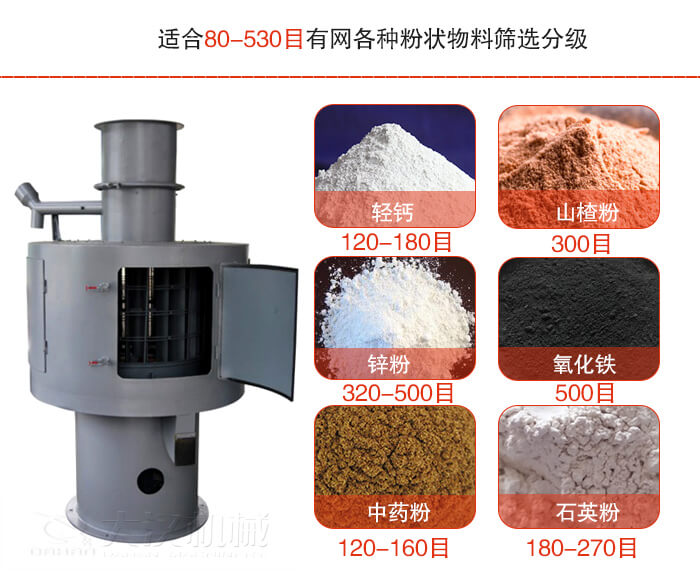 气流筛适合80-530目有网各种粉状物料筛选分级。