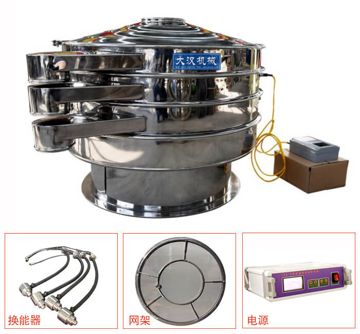  全不锈钢超声波振动筛内部组成：换能器，网架，电源。